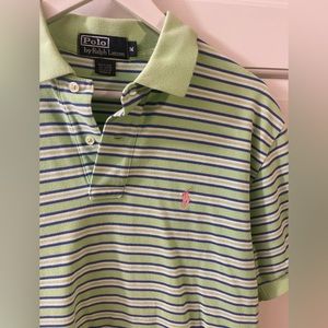 Polo Ralph Lauren green with blue white stripe polo top pink pony logo size Med
